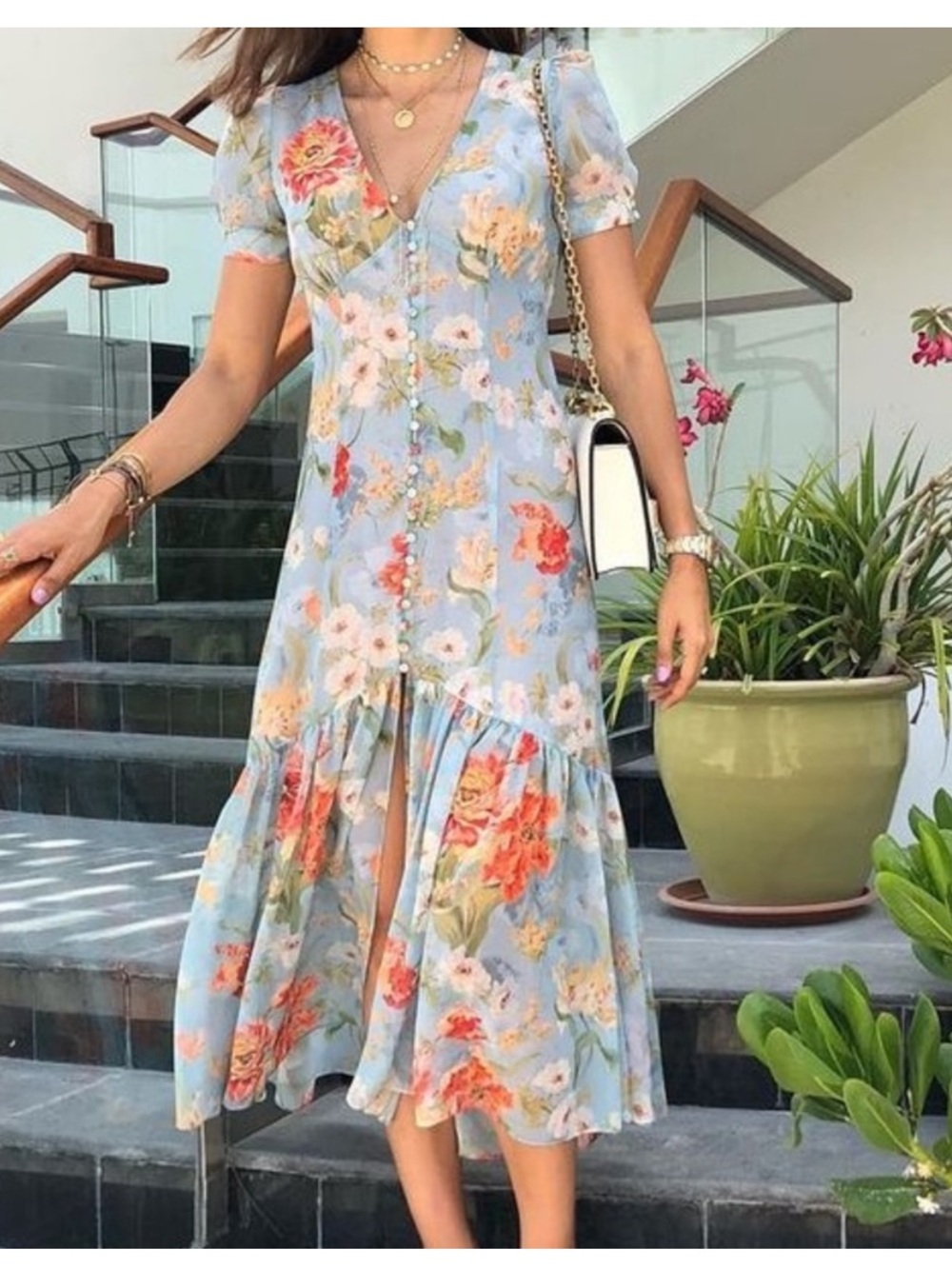 Zara midi tea floral bloggers fave light blue dress S